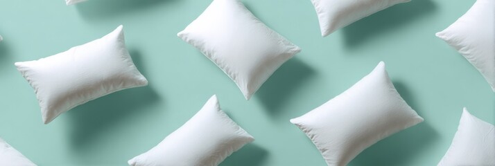 White pillows mint background pattern with diagonal soft cushions arrangement top view for cozy bedroom decor and stylish bedding presentation on teal