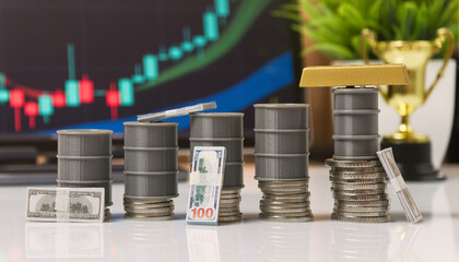 Oil Barrels, Cash and Gold Bar with Rising Energy Market Trend