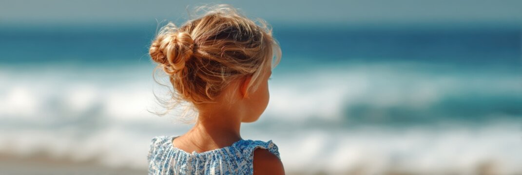 Caucasian female child on beach back view in blue patterned dress hair in messy bun watching ocean waves panoramic crop