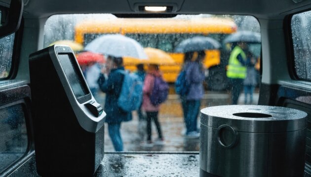 Focused teller kiosk and secure deposit box inside a van blurred scenes of students and parents in a school parking lot outside enhancing mobile service context.