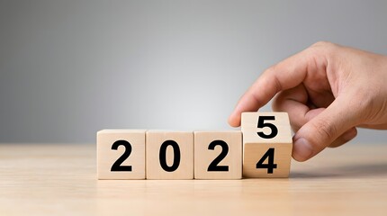 Naklejka premium Hand placing number 5 wooden block on 2024 countdown year calendar concept isolated on transparent background