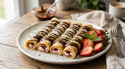 Delicious crepes with chocolate, strawberries, and pistachios on a plate, breakfast.