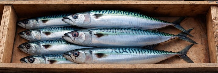 Fresh atlantic mackerel in wooden crate silver blue fish arranged six pieces market seafood display on rustic box