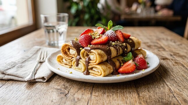 Delicious crepes with chocolate, strawberries, and pistachios on a white plate, served with water.