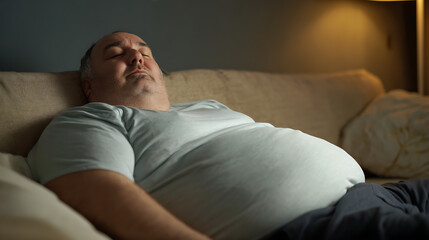 Fototapeta premium Middle-aged man nap on sofa at home, close-up. Overweight man sleep on couch, relax in living room, comfortable rest, full shot, eyes closed