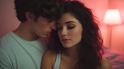 Fototapeta premium A tender moment between a young couple embracing in a softly lit intimate indoor setting evoking feelings of love and closeness
