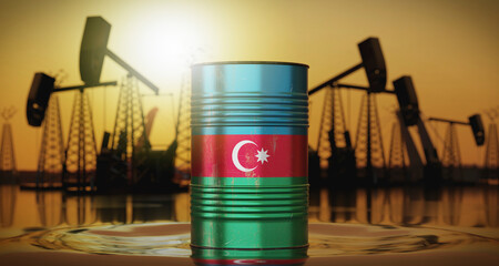 Fototapeta premium Azerbaijan - oil barrel with national flag, extraction wells in background - 3D illustration