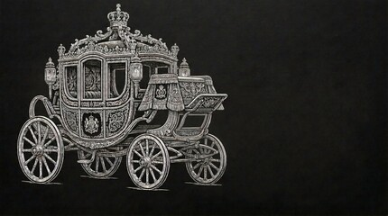 Fototapeta premium A royal carriage engraving on a black background. Highly detailed victorian filigree and heraldic crests.
