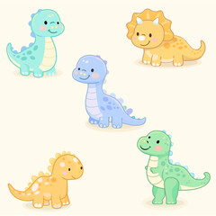 Fototapeta premium Cute Baby Dinosaurs Cartoon Set – Colorful Kawaii Dino Characters Illustration.