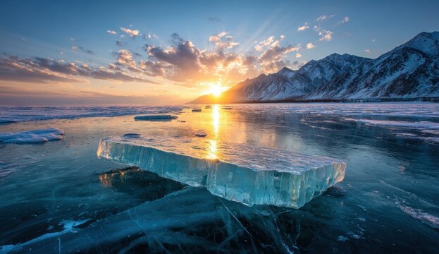 Baikal Ice Block Sunrise - Frozen Lake Landscape with Mountains and Golden Light.