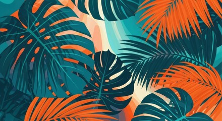 Vibrant tropical leaf pattern with teal and orange palette in abstract botanical design