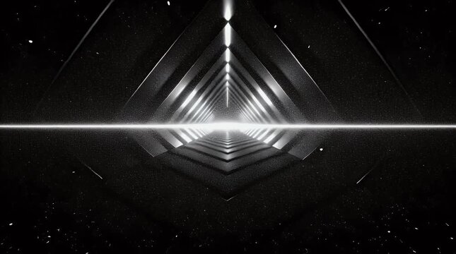 Abstract geometric tunnel design with a bright light source and metallic texture creating an infinite perspective illusion against a dark starry background