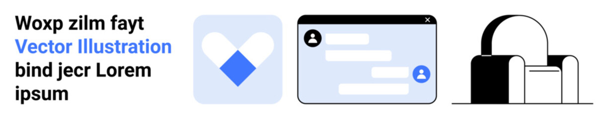 Fototapeta premium Digital communication, modern design, branding, UIUX, ecommerce, social media. Geometric heart, chat screen and bag graphic. Digital communication and modern design concepts