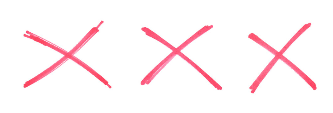 Hand-Drawn Red Cross Marker PNG Set, Bold Red X Symbol of Error, Wrong, Cancel, Reject, or Prohibition | Grunge Doodle Cross Mark Isolated on White or Transparent Background for Design and Icons