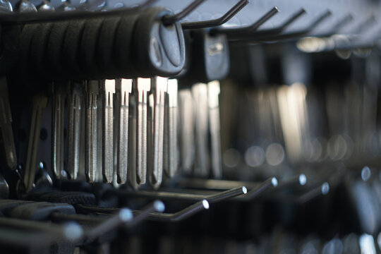 Close-up of door lock keys, a workshop for making duplicate keys