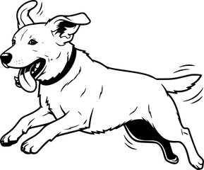 Happy playful white dog mid jump with tongue out, conveying joy and energy perfect for pet care ads and lifestyle promotions.
