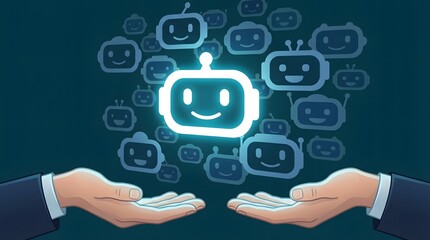 Obraz premium Business hands holding robot assistant with happy face icons and chatbot technology isolated on transparent background
