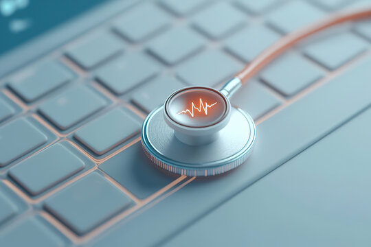 Stethoscope and electrocardiogram on a keyboard: digital medical technology concepts