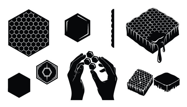 A honeycomb silhouette illustration set with various hexagonal shapes and hands