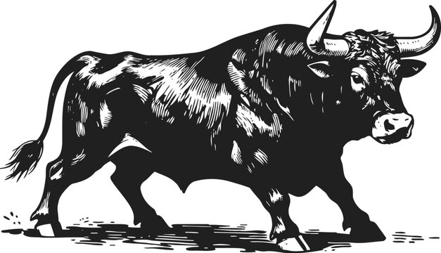 Powerful bull charging forward in dynamic vintage woodcut illustration