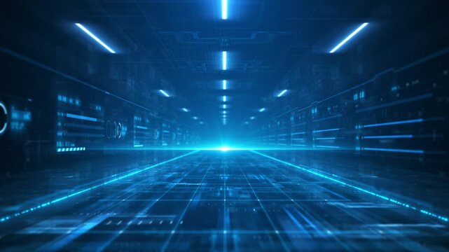 Blue technology grid lines background, technological particles shuttling through space, data charts and HUD elements displayed in video, future tech background, perfect for tech or abstract concepts.