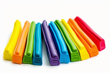 Fototapeta premium Colorful plasticine rainbow bar blocks clay toy modeling pieces isolated on white background minimalist design