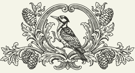 Obraz premium Vintage ornamental design with a woodpecker bird and pinecone foliage in engraving