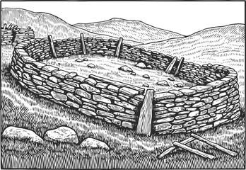 Fototapeta premium Ancient stone enclosure on grassy hill with mountains, wooden supports, and scattered rocks