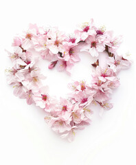 Obraz premium Heart shape made from pink cherry blossom flowers on white background, spring and love concept