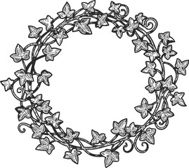 Obraz premium Ornate circular wreath of ivy leaves and twisting vine branches in vintage botanical