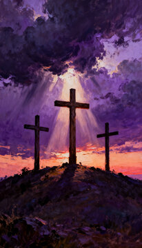 Three Wooden Crosses on Calvary Hilltop at Sunset with Dramatic Storm Clouds