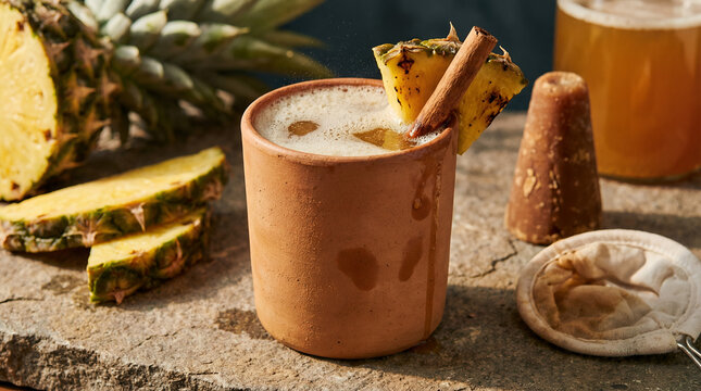 Smoked Pineapple Tepache in a Clay Tumbler with Foam Collar