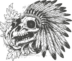 Fototapeta premium Bird skull with ornate floral design and native american feather headdress in black and white