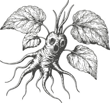 Hand drawn mandrake root with leaves mythical plant with human like shape, botanical vintage engraving