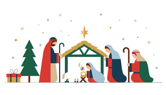 Nativity scene illustration with people and animals in a manger