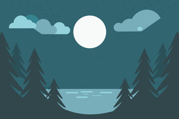 Obraz premium Night Landscape with Moon over Lake and Forest Flat Design