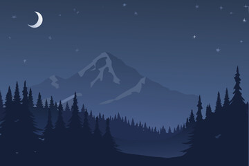 Obraz premium Night Mountain Landscape with Crescent Moon and Stars over Pine Forest