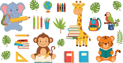 Cute jungle animals school vector set with elephant, giraffe, monkey, tiger and parrot reading books and education elements