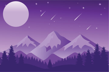 Fototapeta premium Purple Mountain Landscape with Moon and Shooting Stars at Night