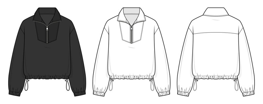 Athletic Half-Zip Pullover Sweatshirt Technical Fashion Illustration. Elastic Hem Drawstring Jacket with Stand Collar LongSleeves. Front and Back View set. Athleisure Apparel CAD Mockup.