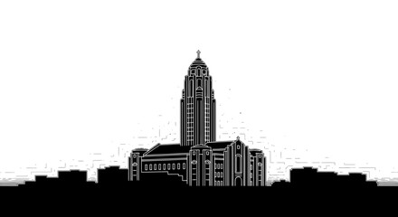 Fototapeta premium Art Deco City Hall Skyline Silhouette, Black and White Illustration