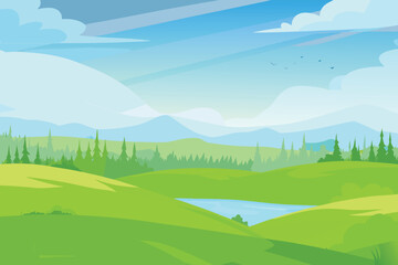 Obraz premium Rolling green hills with lake and distant mountains under a cloudy blue sky vector illustration