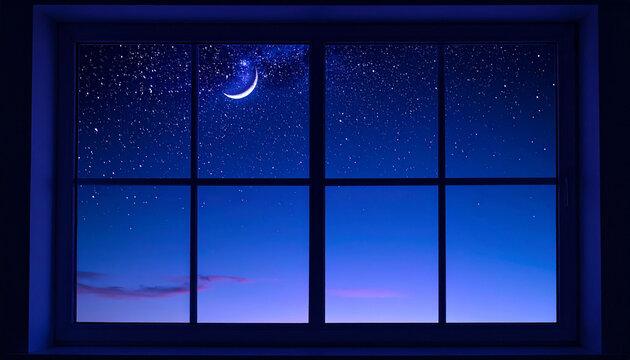 窓から見える三日月と満点の星空 幻想的な夜の風景と文字入れ用のコピースペース