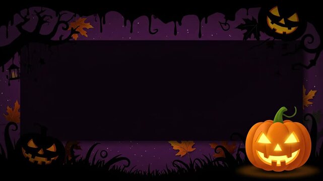 A spooky Halloween-themed frame with glowing jack-o'-lanterns and silhouetted trees on a purple background.