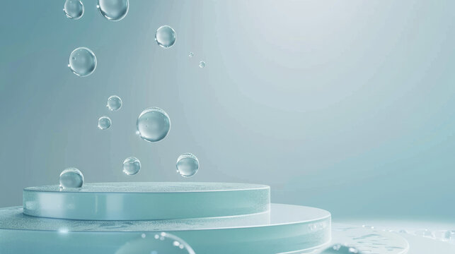 Transparent water bubbles floating over turquoise podium. Cosmetic product display platform background, moisturizing concept