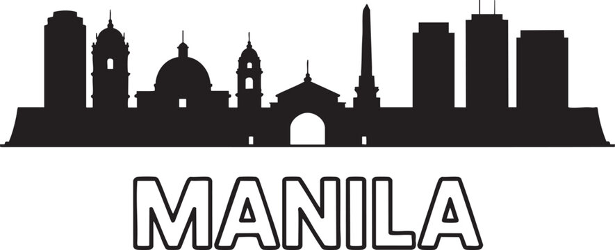 Manila city skyline silhouette vector with iconic landmarks and historical buildings art