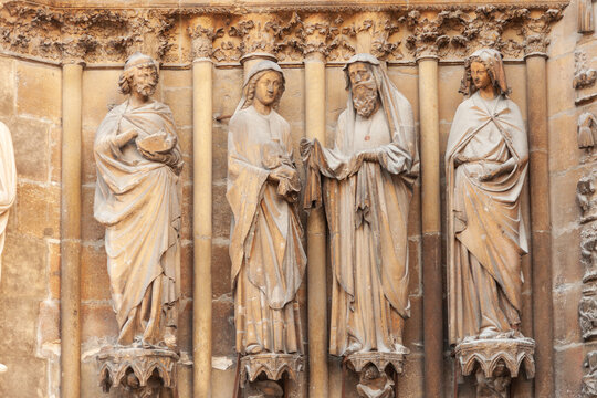 The 13th-century Gothic jamb figures at famous Reims Cathedral (Notre-Dame de Reims) portal, UNESCO World Heritage site, Reims, France