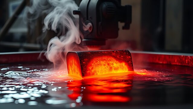 Red-hot steel being quenched in water, creating dramatic clouds of steam. safety posters, maintenance manuals, designed for industrial assembly lines and welding operations.