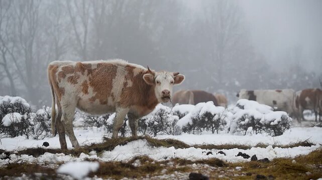 Cow are feed with dry hay during winter, domestic animal eat fodder on snow during foggy evening with herd in background, free range farming