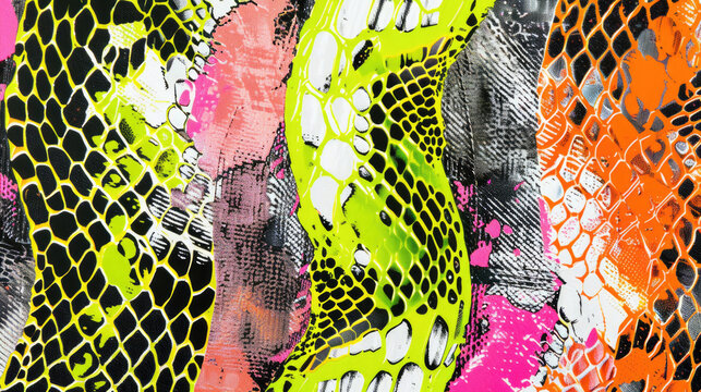Abstract artistic pattern background of snake skin texture in neon pink, black and bright green colors with geometric scales